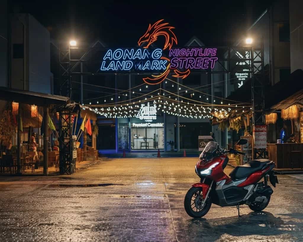 Honda ADV scooter at the Ao Nang Nightlife Street neon arch in Krabi, Thailand: Byklo motorbike rental