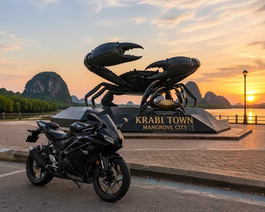 Yamaha sportbike at the Krabi Town crab statue at sunset in Krabi, Thailand: Byklo motorbike rental
