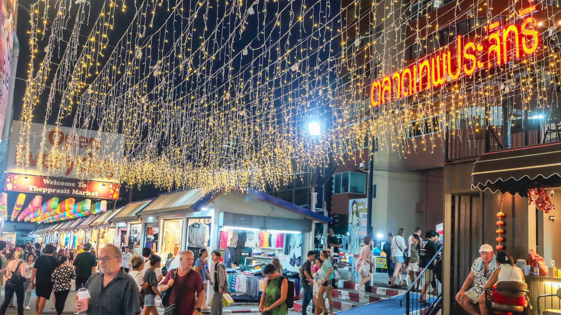 Thepprasit Night Market fairy-light canopy in Jomtien, Thailand