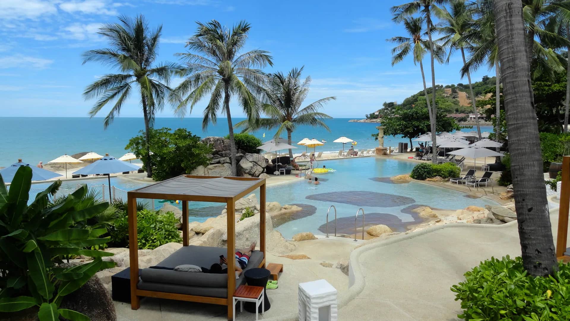 Chaweng Beach 7 km crescent at golden hour with palms and Gulf turquoise in Koh Samui, Thailand